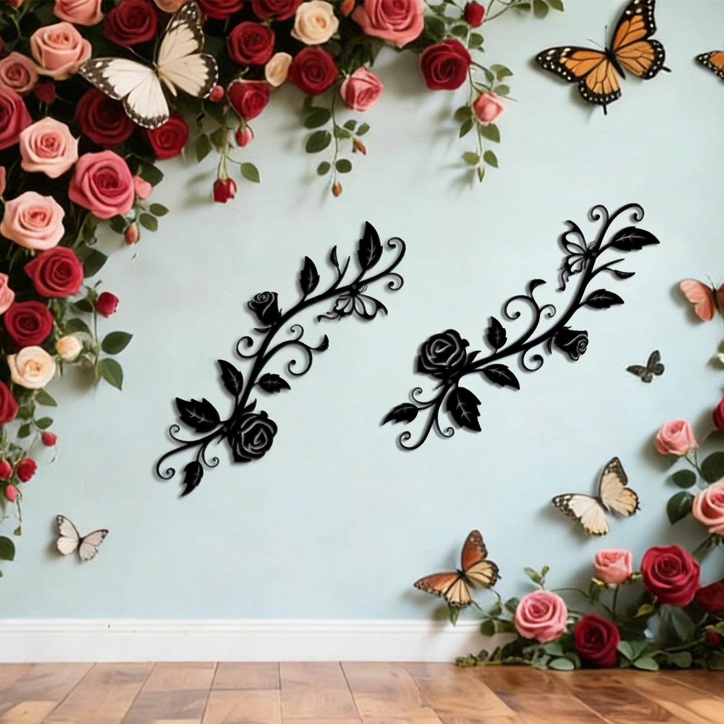 KOYILTD Metal Wall Decor, Black Wrought Iron Rose Vine Wall Art, Rustic Hanging Wall Sculptures with Iron Scroll Design, For Indoor Outdoor Living Room Office Above Door Decoration (Vivid)
