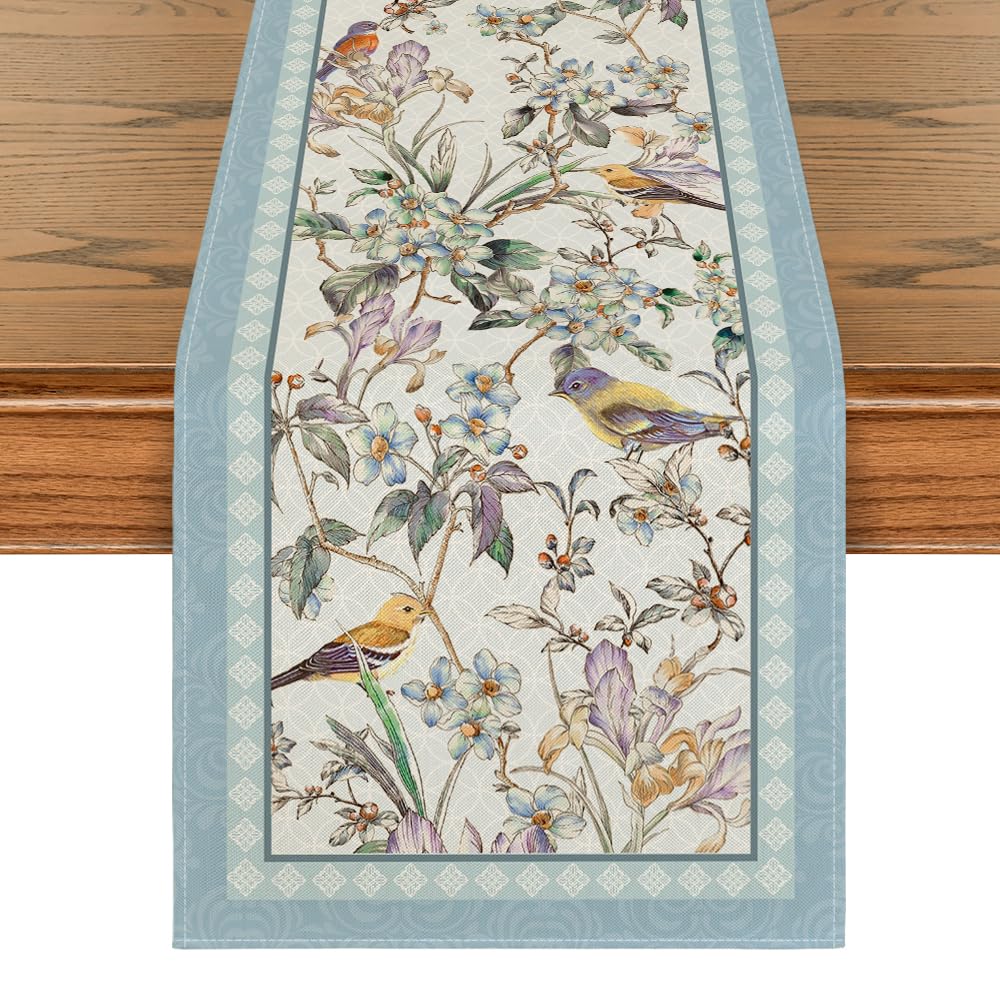 Artoid Mode Blue Birds Flowers Blossom Table Runner, Seasonal Spring Floral Kitchen Dining Table Decoration for Home Party Decor 13x72 Inch