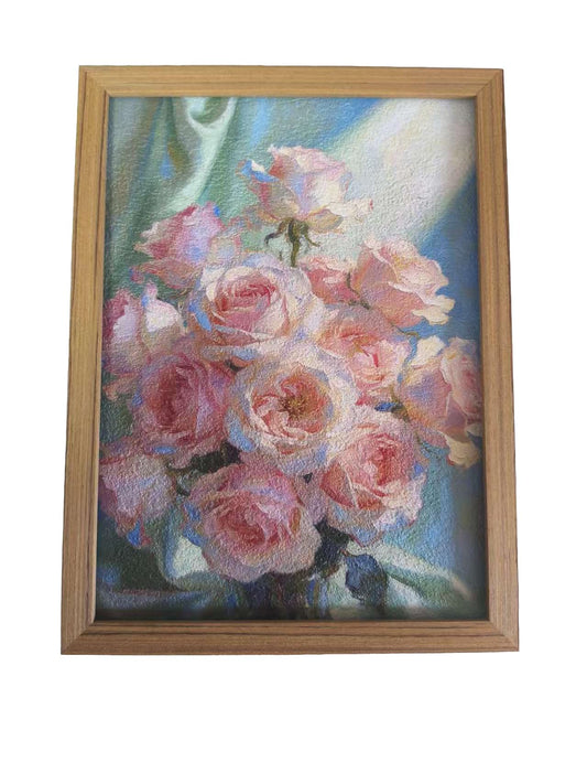Textured Vintage Pink Rose Floral Wall Art, 16"x12" No Drill Botanical Wall Decor for Bedroom Living Room Bathroom