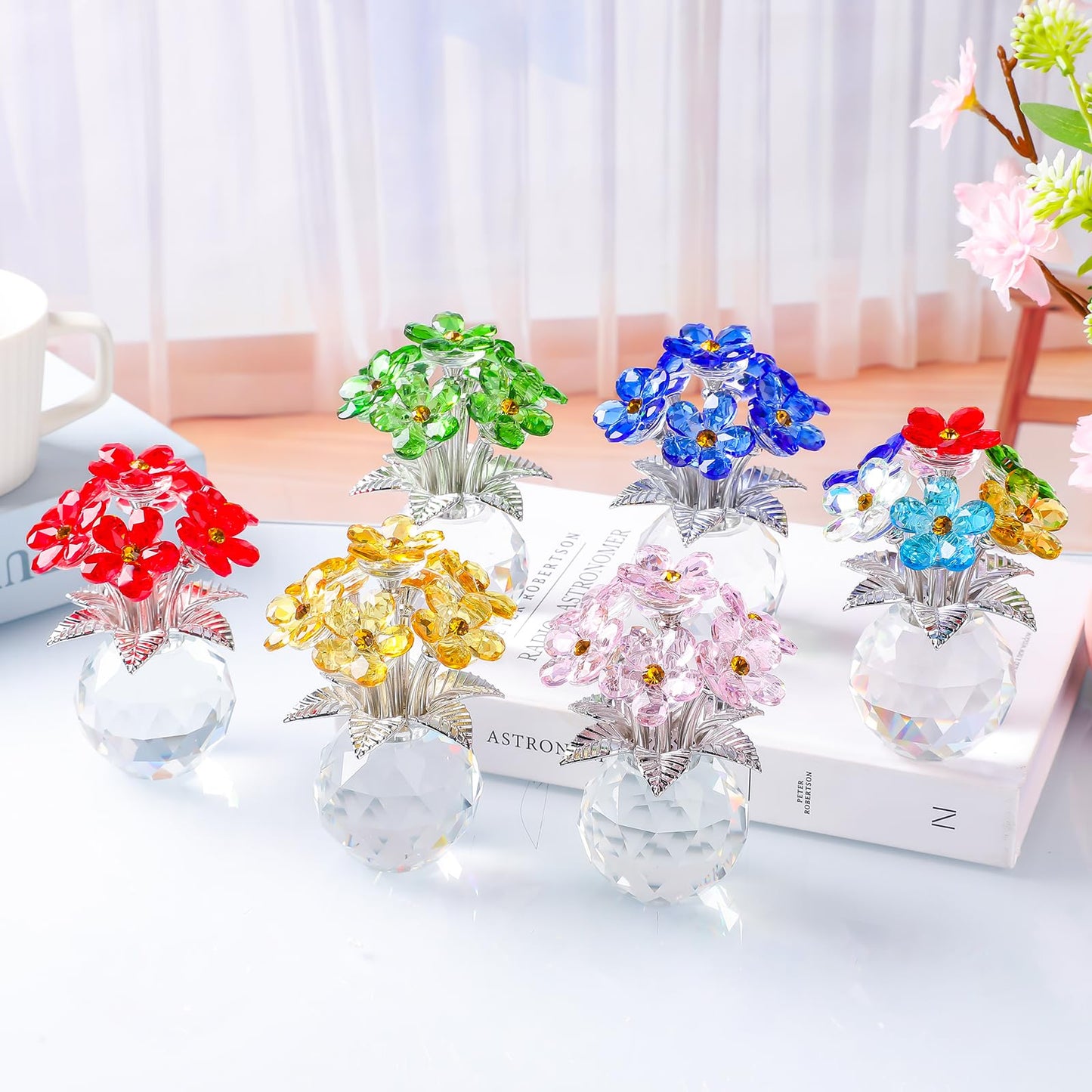 JATYFING Crystal Forget-Me-Not Flower Figurine, Pink and Clear, 4.1 inches, Decorative Crystal Display