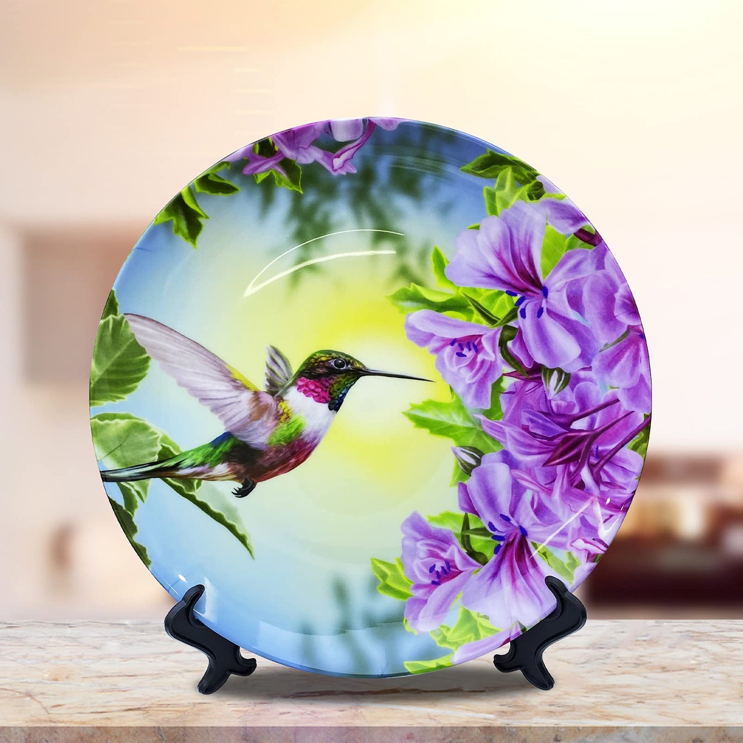 ALALAL 10 inch Bird Hummingbird Pink&Purple Flowers Decorative Plate Decorative Ceramic Plates Home Wobble-Plate with Display Stand Decoration Household Plates Decorative