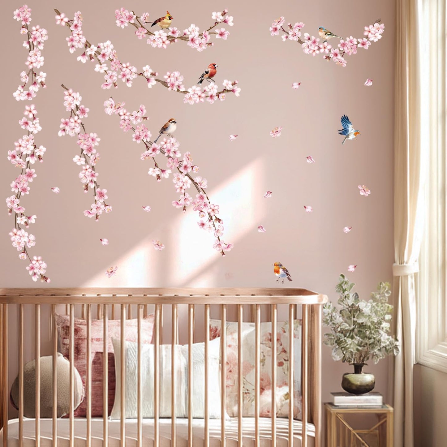 Cherry Blossom Wall Decals, Pink Vine Flowers, Hanging Floral Tree Branch and Birds Peel & Stick Wall Stickers for Bedroom, Living Room, Nursery, Sofa, Office Decor