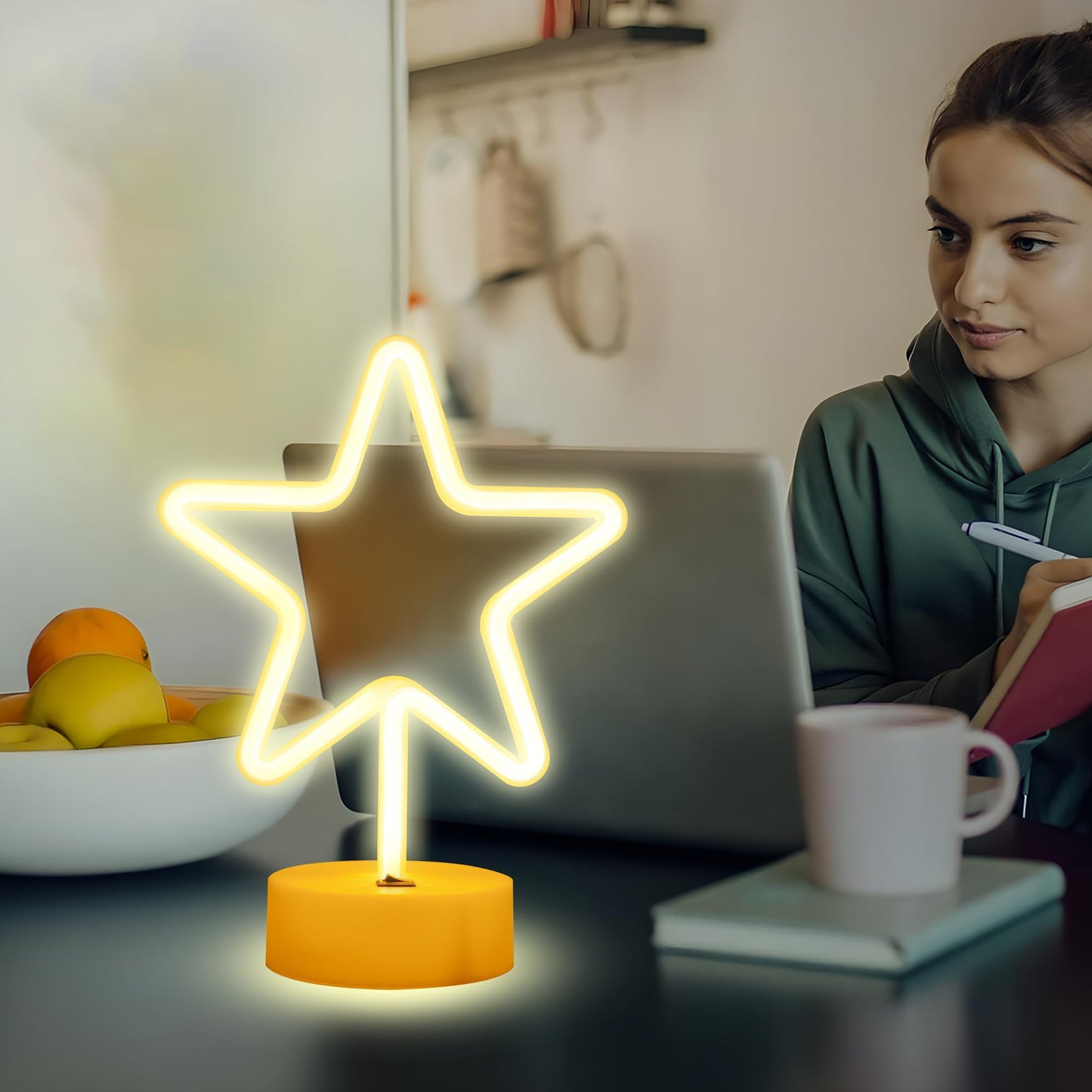 ENUOLI Warm White Star Shaped LED Neon Light Lamp with Base Battery Operated USB Powered LED Star Neon Sign Home Christmas Decoration Lights for Home Hotel Bedroom Store Decoration Night Light