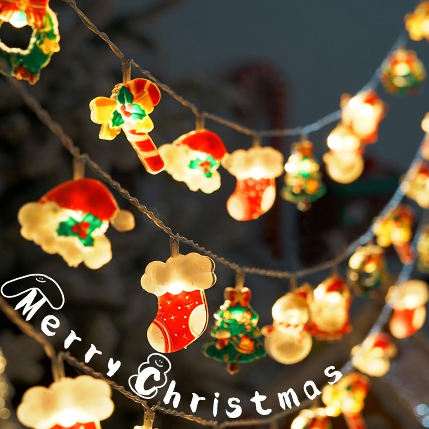 Christmas Lights Decorations,Christmas Fairy String Lights,20 LED Xmas Warm White Light Hanging Decors with Santa Claus Wreath Tree Snowman Candy Cane Hat Stockings Indoor Window Lights for Party Home