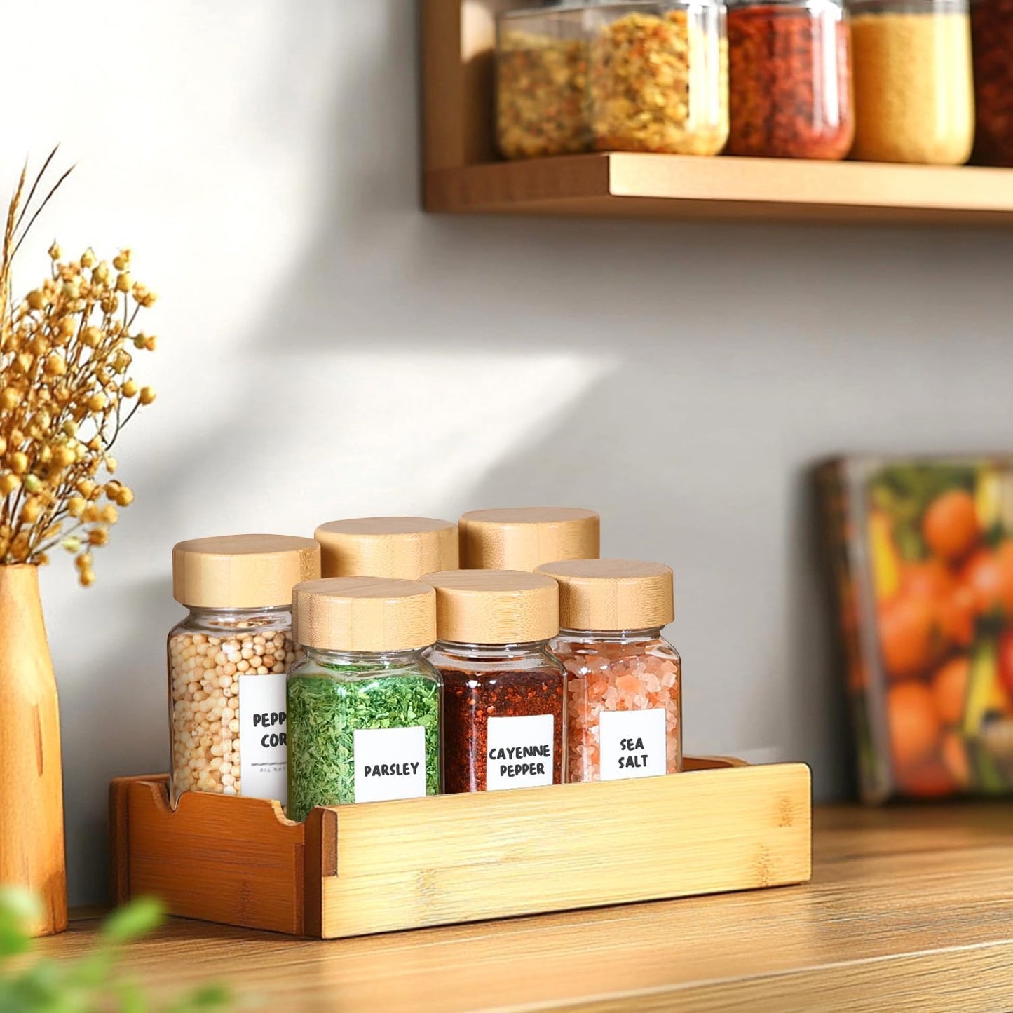 ComSaf 4 oz 6Pcs Glass Spice Jars with Label, Empty Spice Containers with Bamboo Lids, Square Seasoning Containers Trial and Supplement Set, Small Seasoning Bottles for Salt, Herbs, Sugar, Pepper
