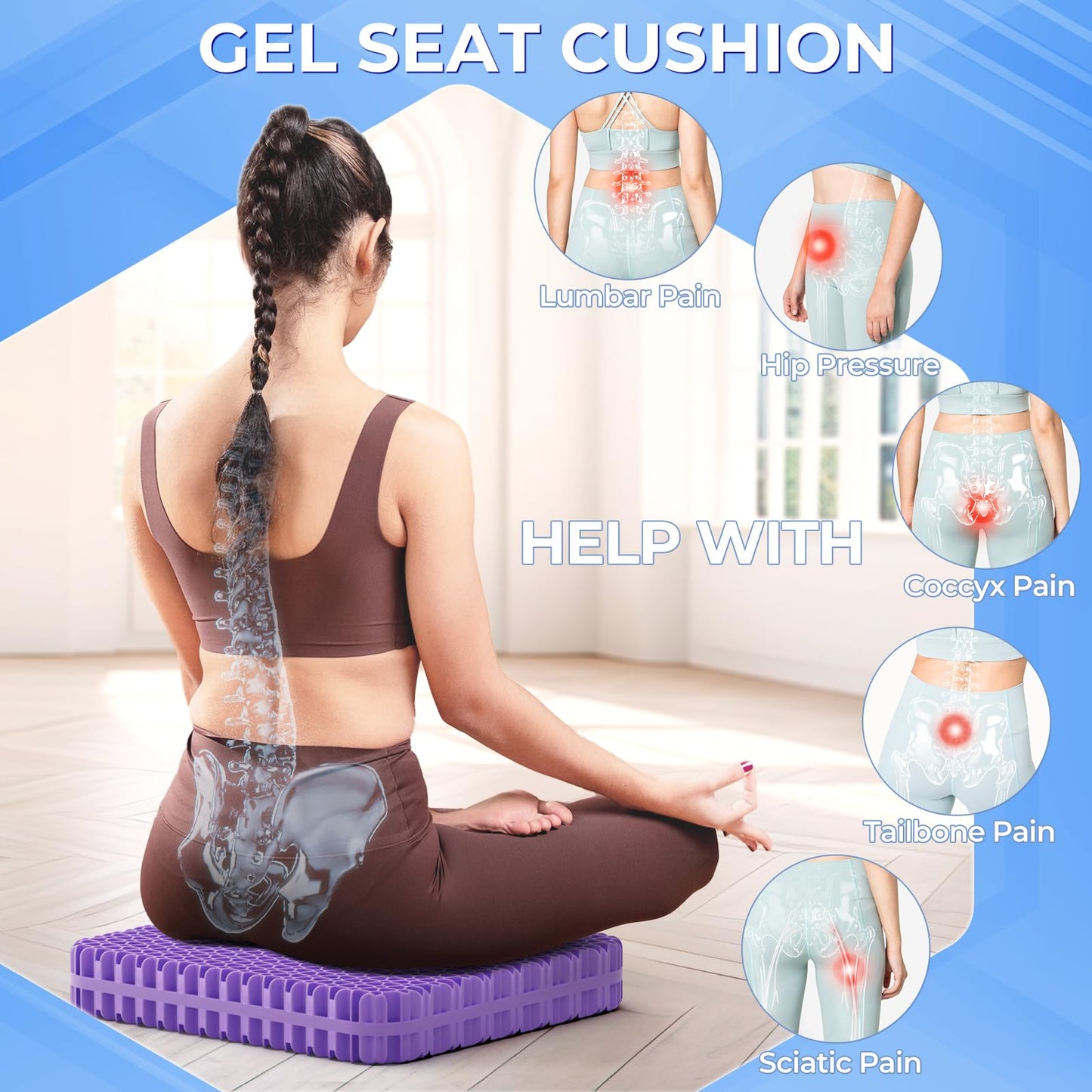 TushGuard Gel Seat Cushion for Long Sitting, Enlarged & Thickened Patent Design, Breathable Cooling for Office Chair, Soft Car Seat Cushion for Wheelchair (Standard, Black)