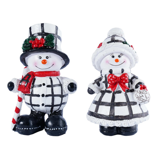 Brizoria Snowman Figurines Set of 2 Black and White Plaid Christmas Decorations Indoor Resin Winter Decorations for Home Holiday Decor for Room Table Mantel Fireplace Centerpiece Gift