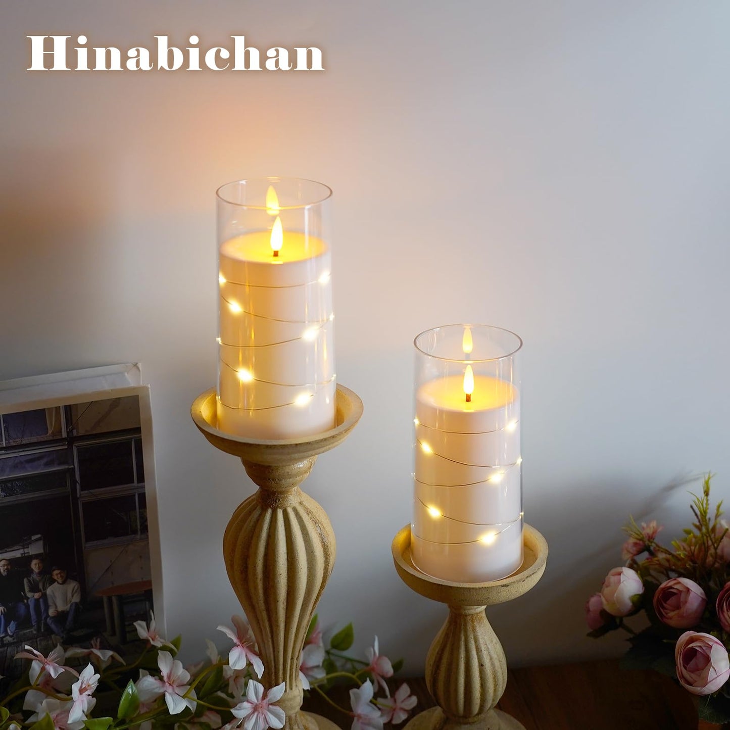 Hinabichan Flickering Flameless Candles with Remote Timer, 6pcs LED Battery Operated Candles with Embedded String Lights White, D3 H6