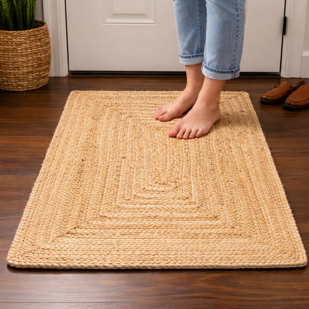 Savi Home Hand Woven Jute Braided Rug, 2'x3' - Natural, Reversible Boho Entry Area Rugs for Kitchen, Living Room, Farmhouse Indoor Outdoor Decorative Floor Rug, 24x36 Inches