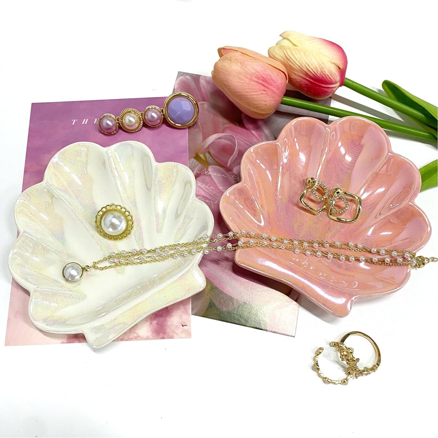 TIGERMILLION Sea Shell Jewelry Dish, Ceramic Seashell Jewelry Holder, Cute Organizer Plate Vanity Decorations Accessories for Home Bathroom Decor Birthday Mother's Day Christmas Gift for Women