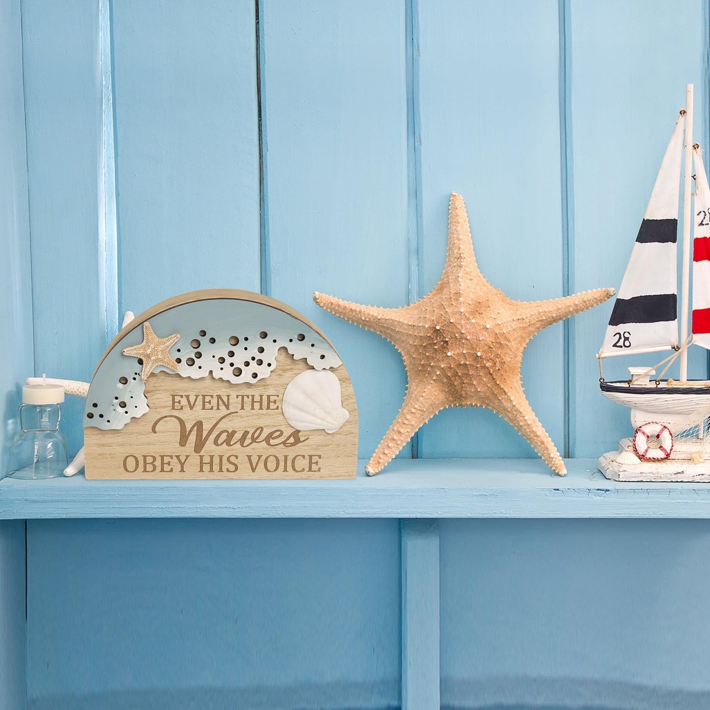 flangairy Beach Wall Decor With 3d Starfish Seashell Waves, Wooden Coastal Wall Art Nautical Beachy Theme Room Bathroom Ocean House scripture Sign Table Shelf Window Sill Decorations For Home