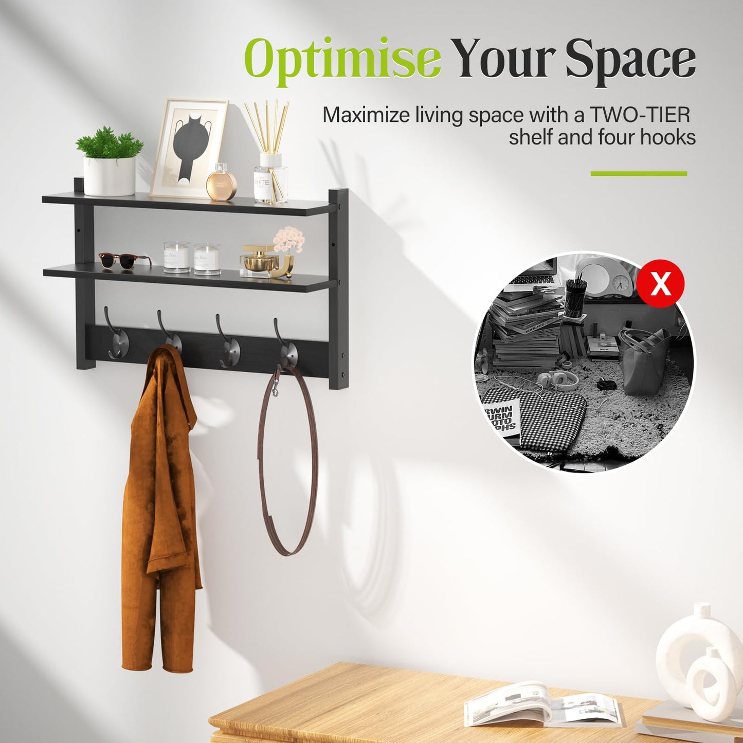 Orapoke Two-Tier Wall Shelf with Hooks, 17" Coat Rack Wall Mount with Shelf, Entryway Key Hooks for Wall with Heavy Duty Double Hooks, Coat Hook Wall Mounted for Bedroom, Living Room, Black