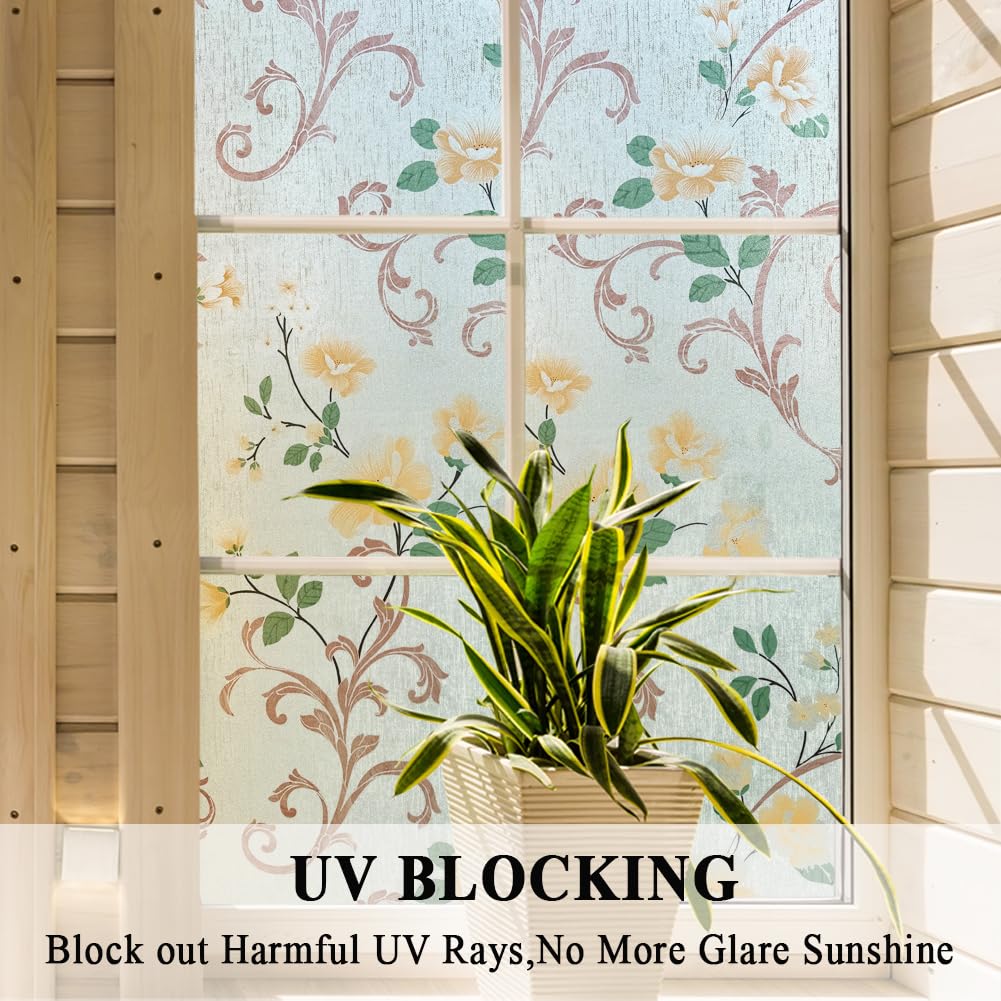 No Glue Window Films Elegant Flower Static Cling Glass Door Film Frosted Privacy Etched Tints Covers Decal,Anti-UV,Heat Control for Home and Office Decoration,17.5x78.7In.