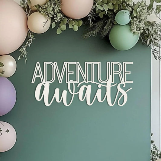 Adventure Awaits Sign for Backdrop,Wooden,Baby Shower Wall Decorations,Let the adventure begin party banner for Travel Theme Party, Moving/Graduation/Retirement Party Supplies Decorations