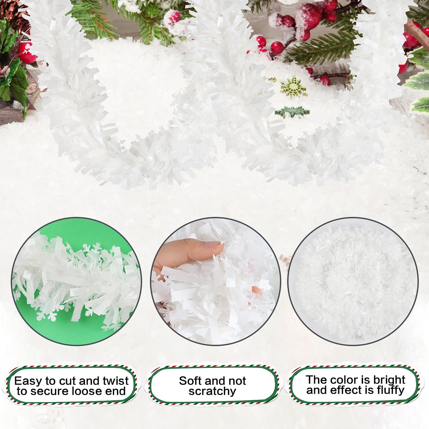 KIMOBER 32.8 Ft Christmas Tinsel Garland,White Metallic Garland with Snowflake for Christmas Tree Xmas Party Decorations