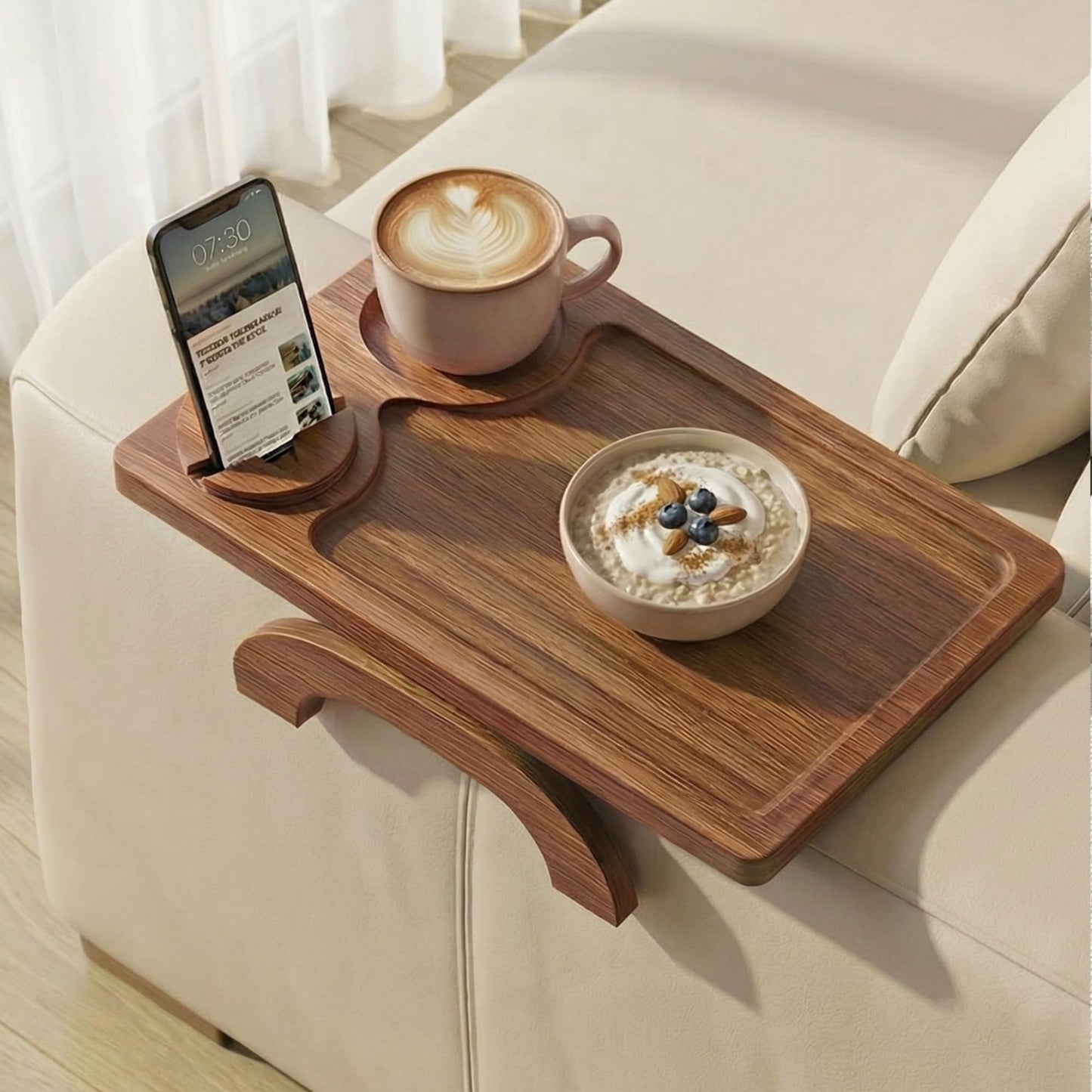 Motovatec Acacia Wood Sofa Arm Tray - 3-in-1 Couch Arm Table with Phone Holder, Cup Placer & Foldable Tray - Armrest Clip-On Design for Couch with 360° Rotated Phone Holder