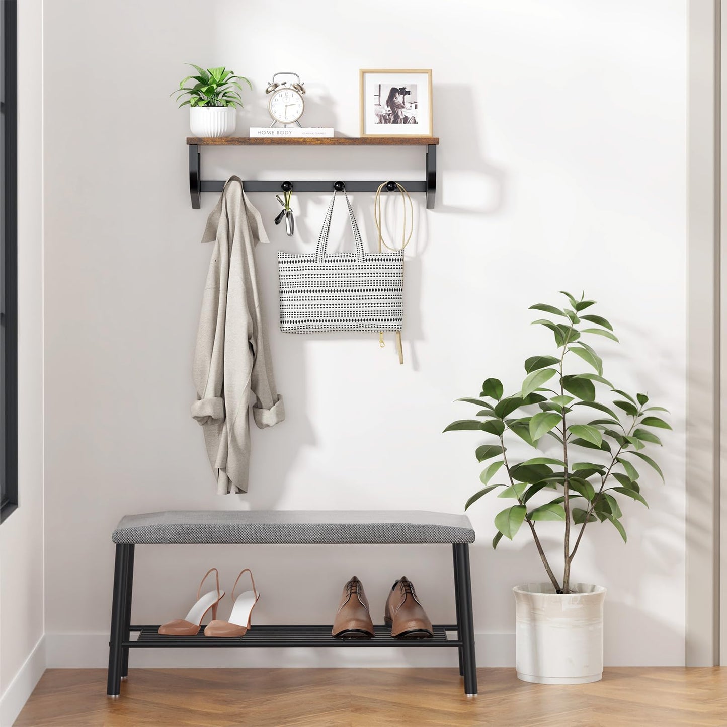 NANAGIFTREE Coat Rack Wall Mount, Wood Wall Shelf with Hooks, Coat Hanger Wall Mount with 4 Metal Hooks, Wall Mounted Coat Rack Organizer for Entryway, Bedroom, Living Room, Room Decor, Brown
