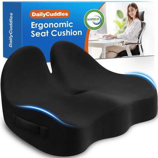 DailyCuddles Seat Cushion, Chair Cushions for Office Chairs/Desk Seats/Wheelchair - Hip&Sciatica&Tailbone Pain Relief Memory Foam Office Chair Cushion for Long Sitting Office Workers, Black