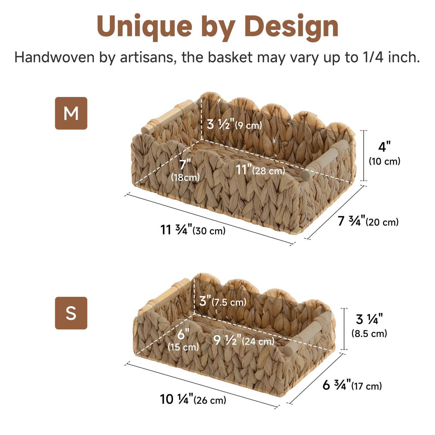 StorageWorks Toilet Paper Basket 2 Pack, Back of Toilet Basket with Wooden Handles, Small Wicker Decorative Scalloped Baskets for Organizing, Living Room Storage, Natural Water Hyacinth