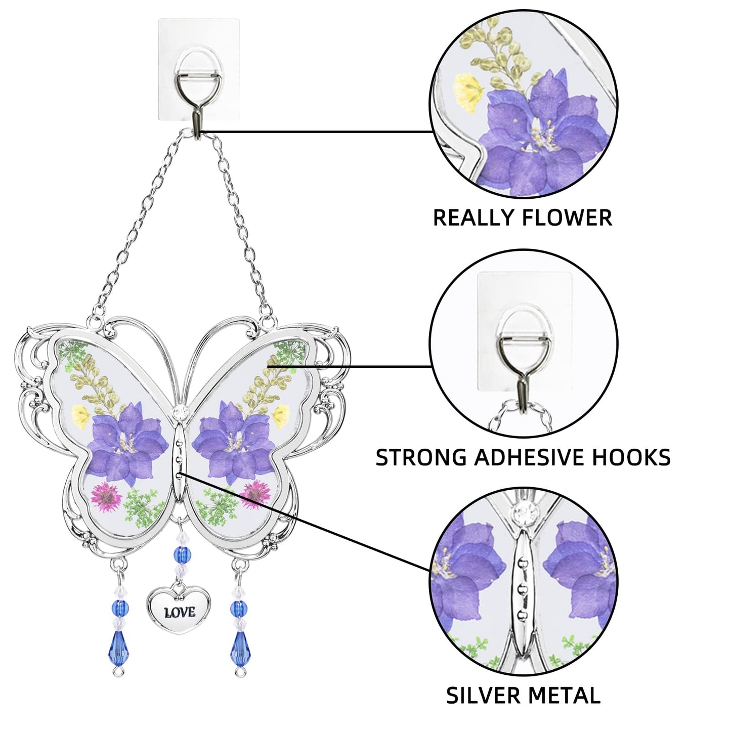 BOGDAN Crystal Butterfly Suncatcher with Pressed Flower Wings Mom Mother's Day Butterfly Glass Wind Chime Ornament Charm with Metal Heart Happy Birthday Gifts for Mom Grandma with Free Hook (Love)