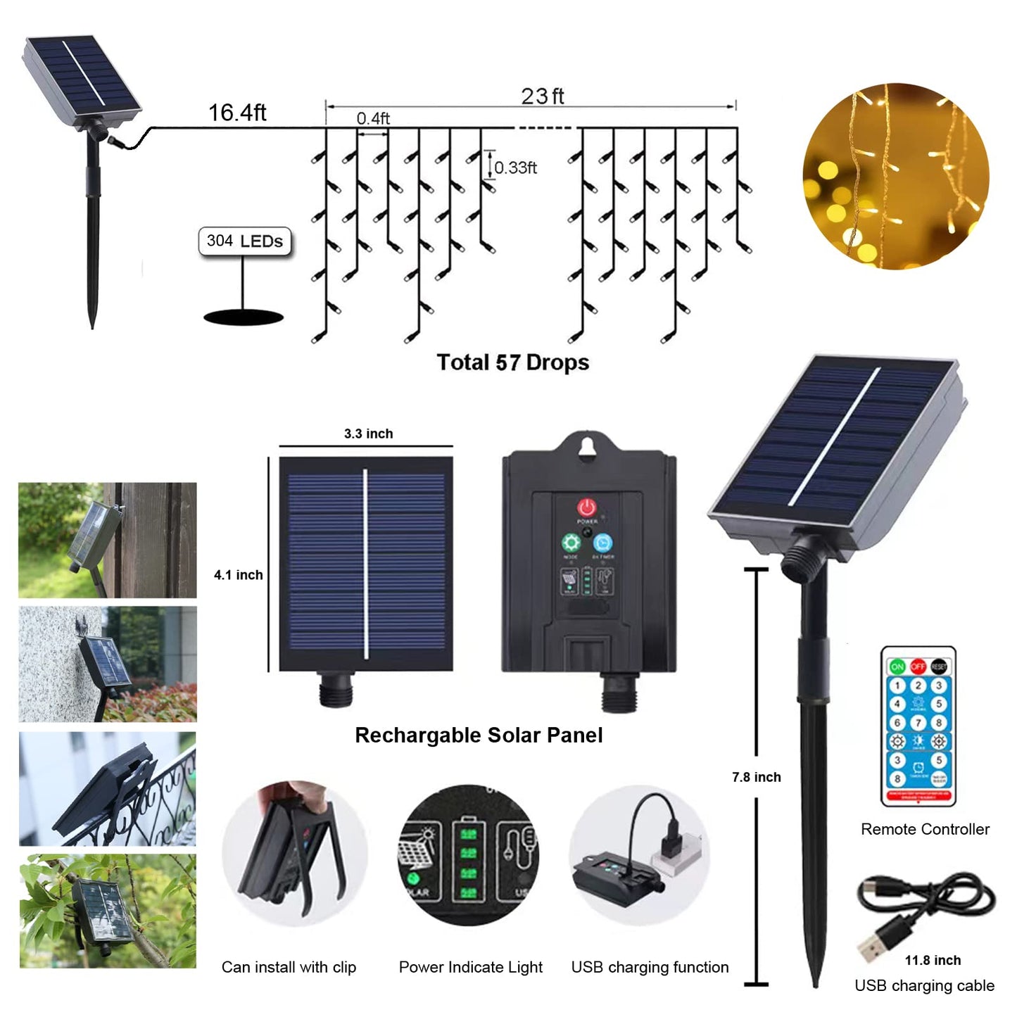 Solar Christmas Icicle Lights Outdoor,304 LED Outdoor Christmas Decorations 8 Modes Waterproof Solar Icicle Lights for Patio Yard Garden Wedding Party House Xmas Tree Roof Decorations(Red and Green)