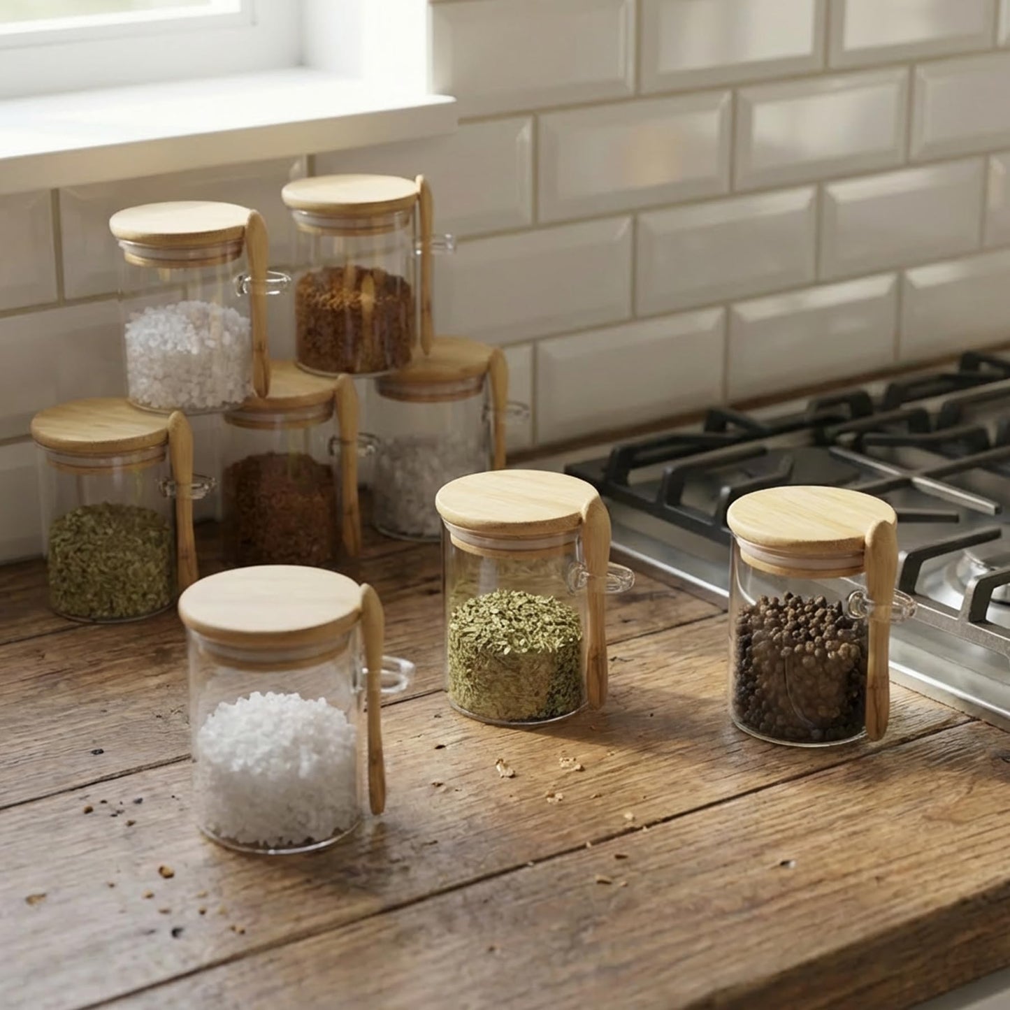 Livejun 7.6 oz Airtight Mini Glass Jars with Bamboo Lids and Bamboo Spoons, Spice Jars Small Food Storage Containers for Kitchen, Bathroom, Home Decor Set of 8
