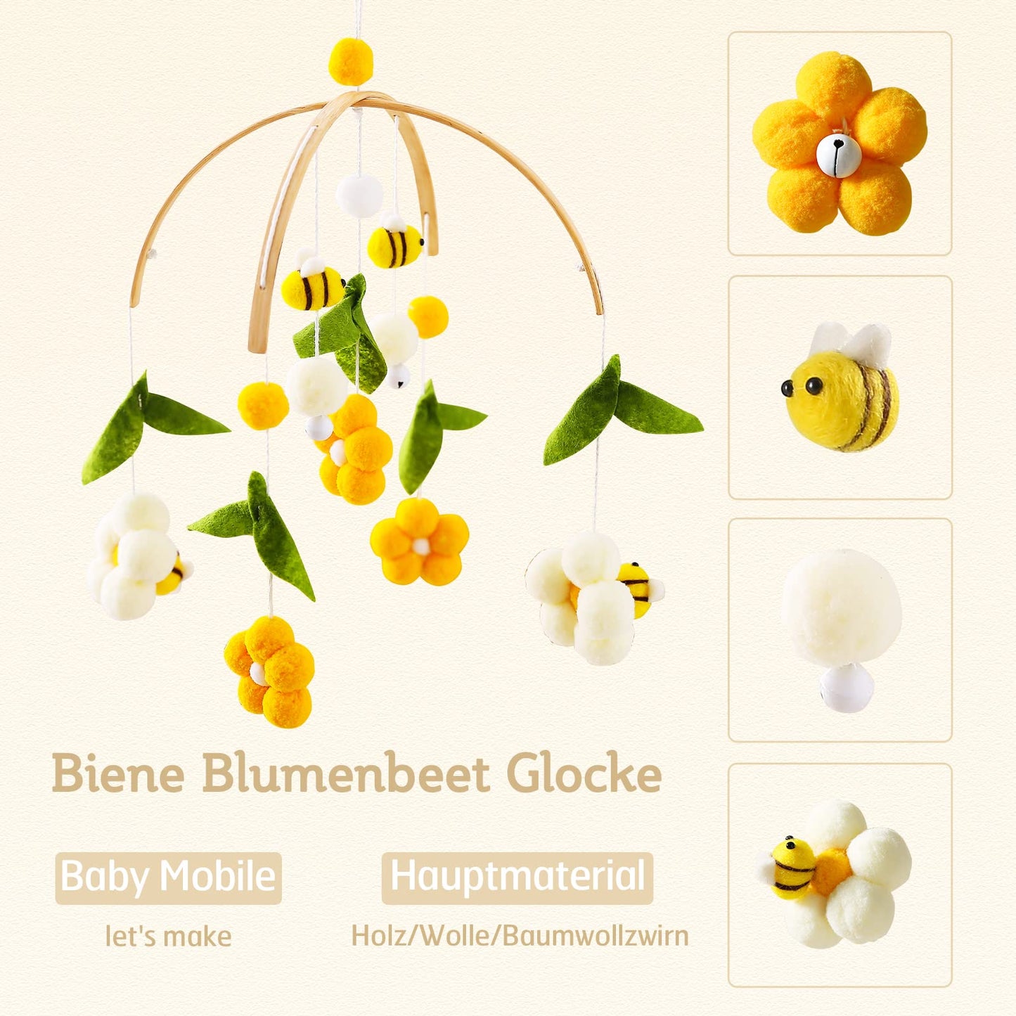 Baby Bee & Flower Crib & Bassinet Mobile - Soothing Nursery Decor for Girls & Boys - Ages 0 & Up