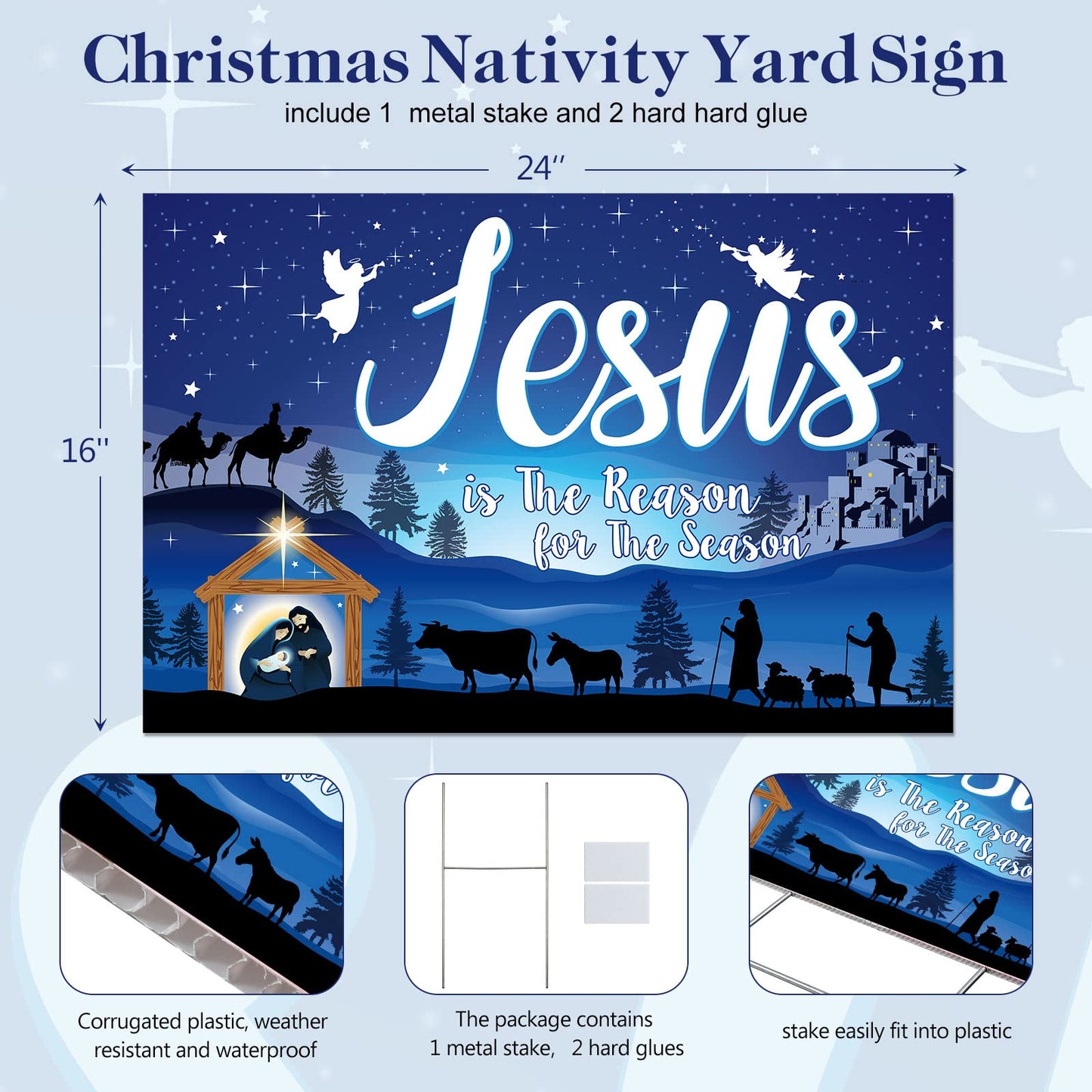 Capoda 24inch Christmas Holy Nativity Yard Sign with Stakes Jesus Is the Reason for Season Lawn Sign Manger Religious Xmas Yard Decorations Outdoor for Religious Xmas Outdoor Party Decor(Blue)