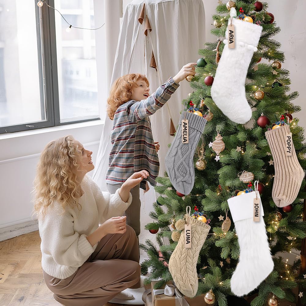 Teeanzo 5 Packs Brown Christmas Knitted Hanging Stockings,Xmas Large Farmhouse Rustic Neutral Cable Knit Personal Stockings Decorations for Christmas Tree Fireplace Family Holiday Party Decor