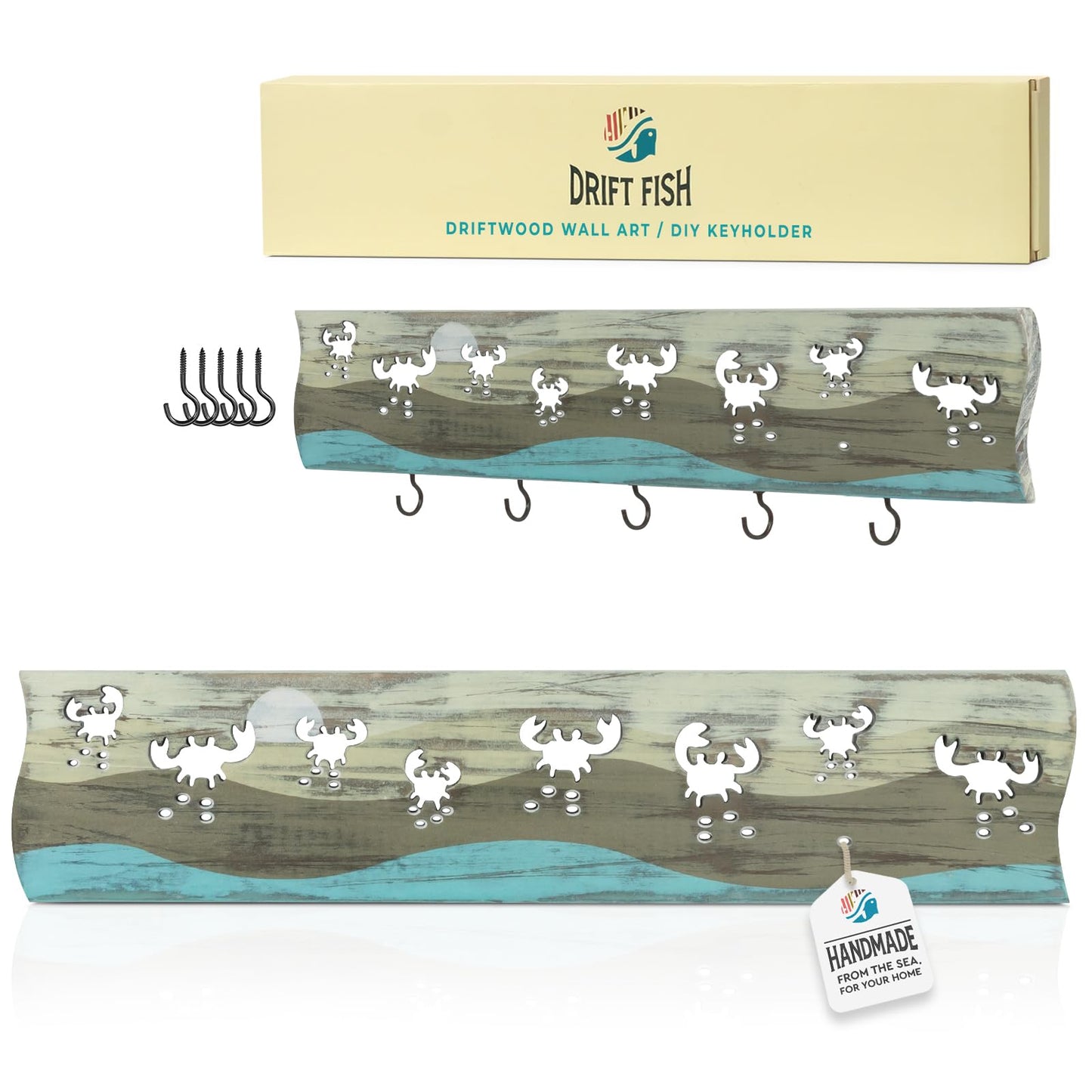 Crab Driftwood Wall Art & DIY Key Holder – Handmade Coastal Home Decor – 17.5" Genuine Weathered Wood Plank with 5 Removable Hooks for Keys, Leashes, and Jewelry – Beach House Entryway Organizer (Crab Parade)