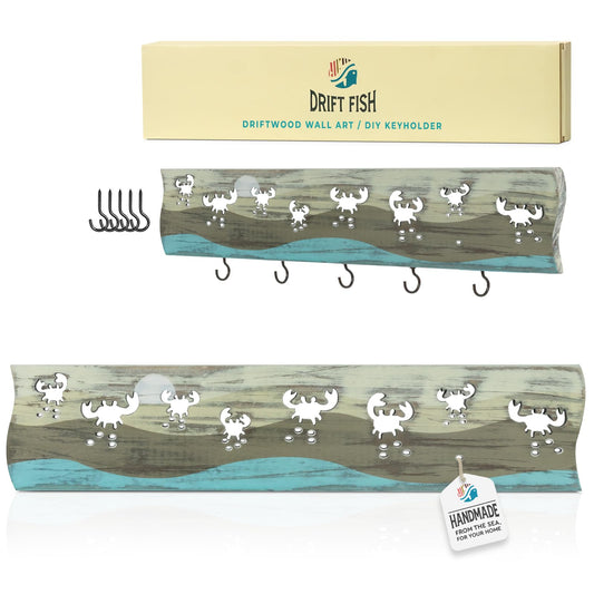 Crab Driftwood Wall Art & DIY Key Holder – Handmade Coastal Home Decor – 17.5" Genuine Weathered Wood Plank with 5 Removable Hooks for Keys, Leashes, and Jewelry – Beach House Entryway Organizer (Crab Parade)