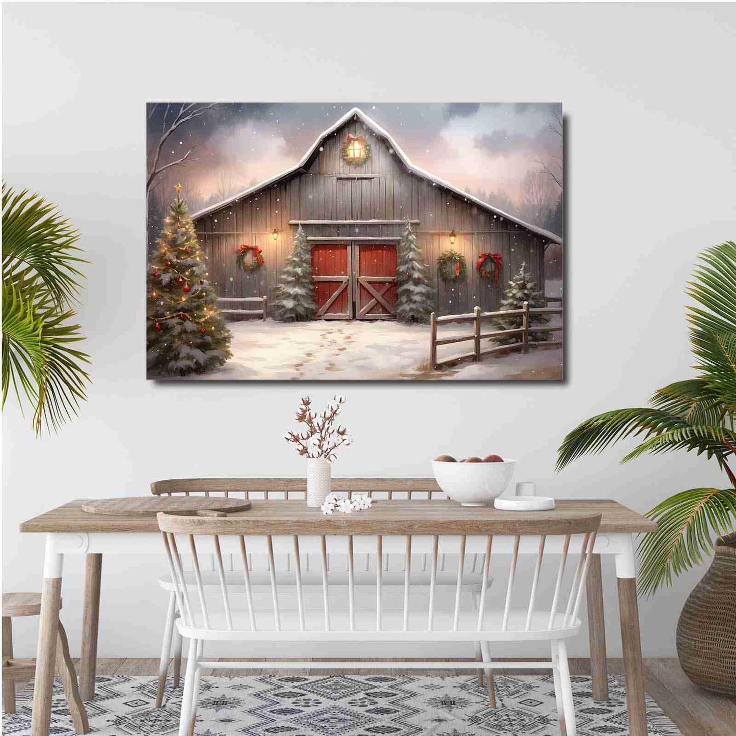 Canvas Wall Art Christmas Tree Farm Wall Art Winter Barn Print Snowy Barn Painting Rustic Farm Picture Farmhouse Winter Print 12x18in-UnFramed