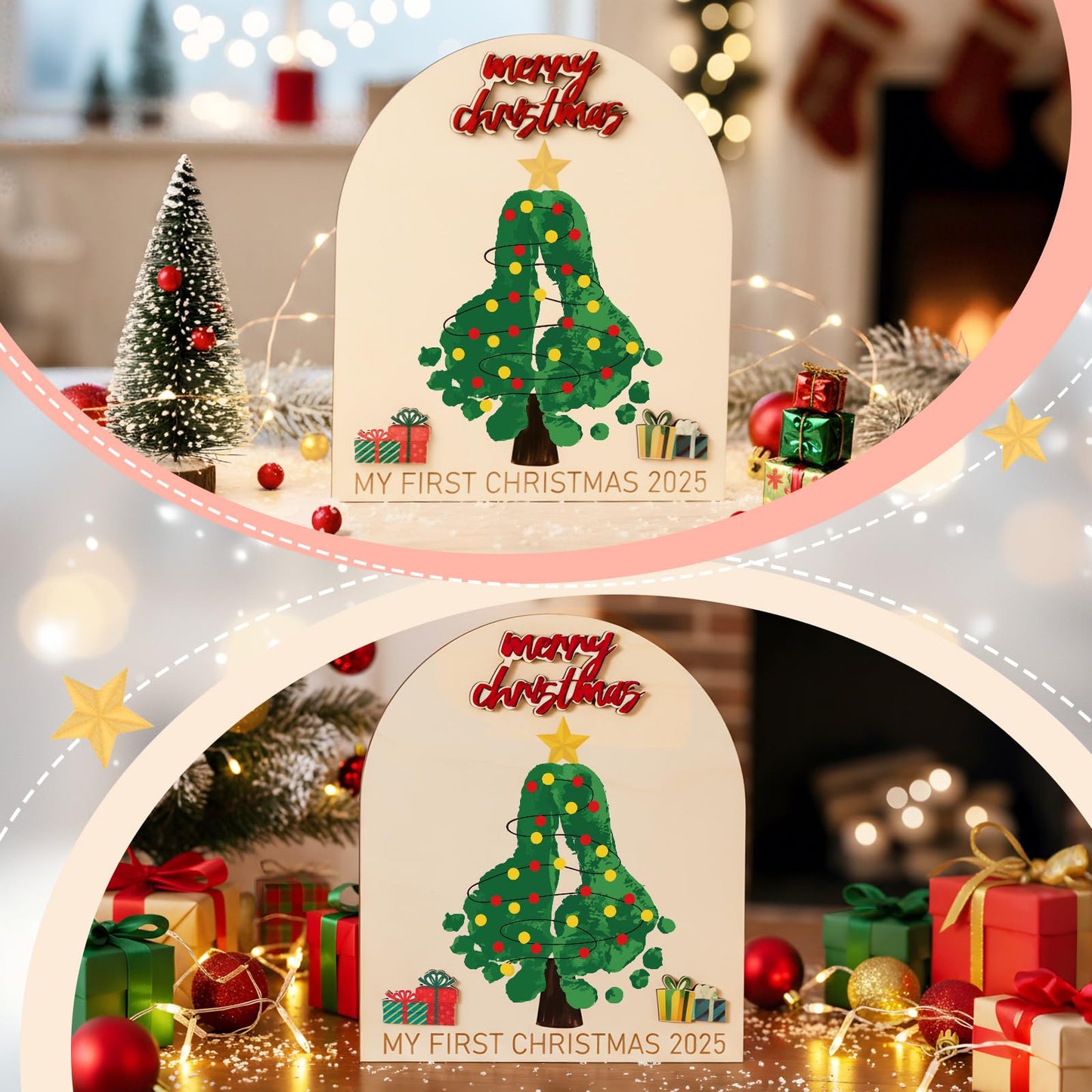 Thyle Baby First Christmas Footprint Ornament Wooden Mistletoe Craft Winter Baby Announcement Rustic Hanging Ornament Nursery Footprint Decorative for Newborn Photoshoot Prop