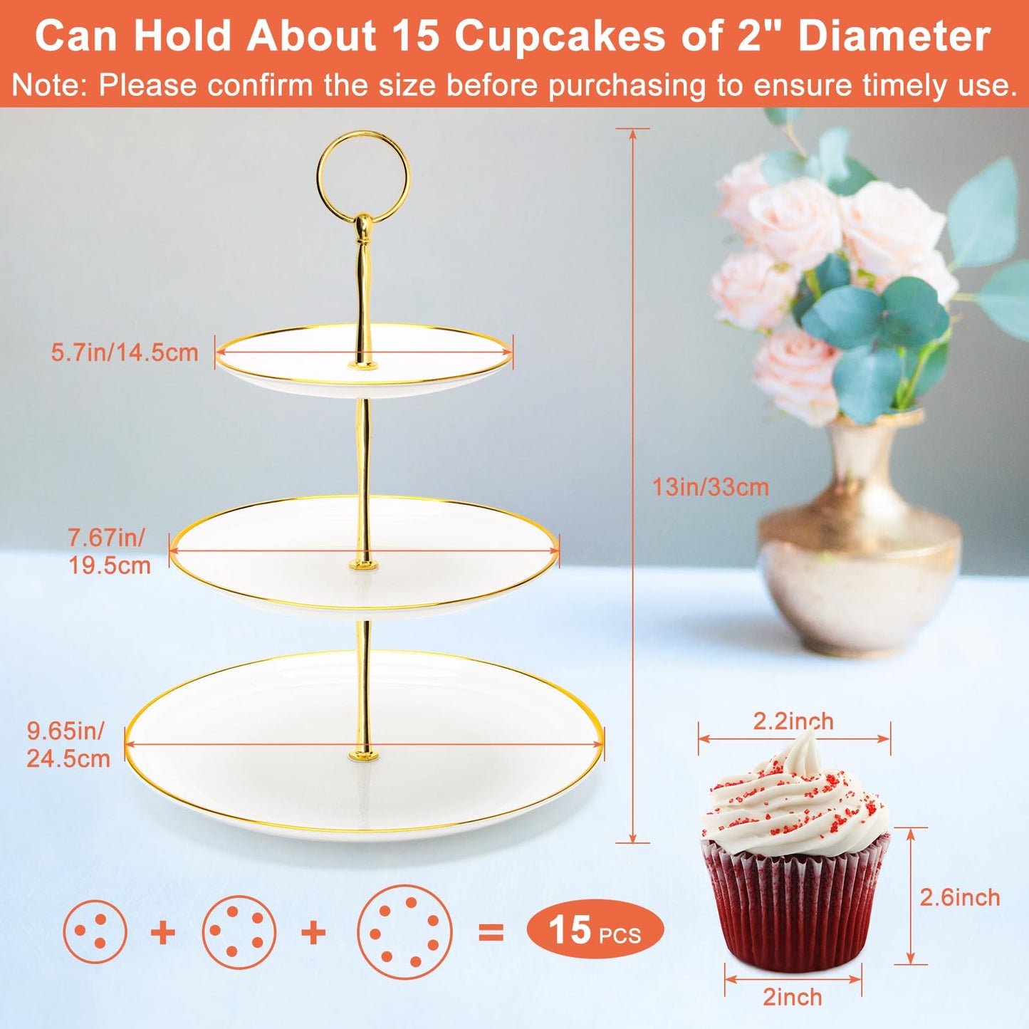 Coitak 3 Tier Cupcake Stand, Plastic Tiered Serving Stand, Dessert Tower Tray for Tea Party, Birthday and Wedding (Round-gold edge)