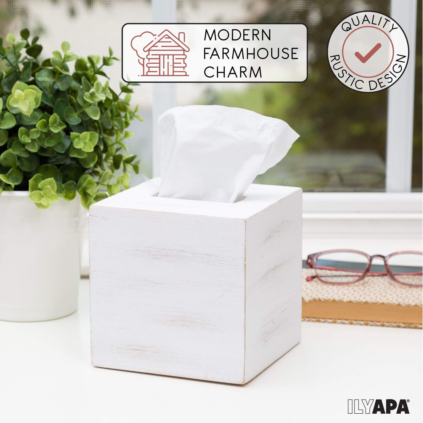 Ilyapa Wood Tissue Box Cover Square - Rustic Farmhouse White Wooden Tissue Holder