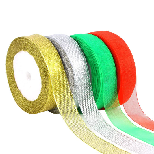 DECYOOL 4 Rolls 150 Yards Christmas Ribbons Metallic Glitter Fabric Organza Holiday Festival Ribbons 4/5" Wide for Gift Wrapping Decoration