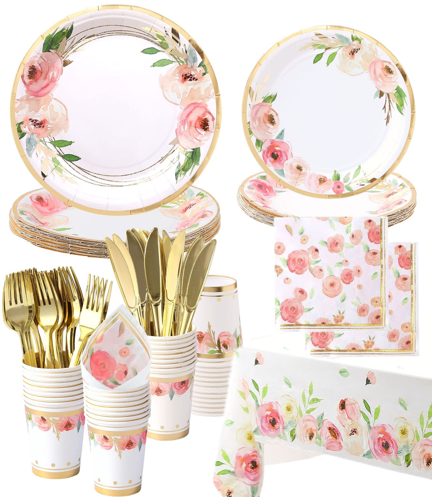 Luxury Floral Paper Plates and Napkins Party Supplies - Serves 16 - Pink and Gold Flower Decoration for Floral Baby Shower Bridal Shower Tea Party Birthday