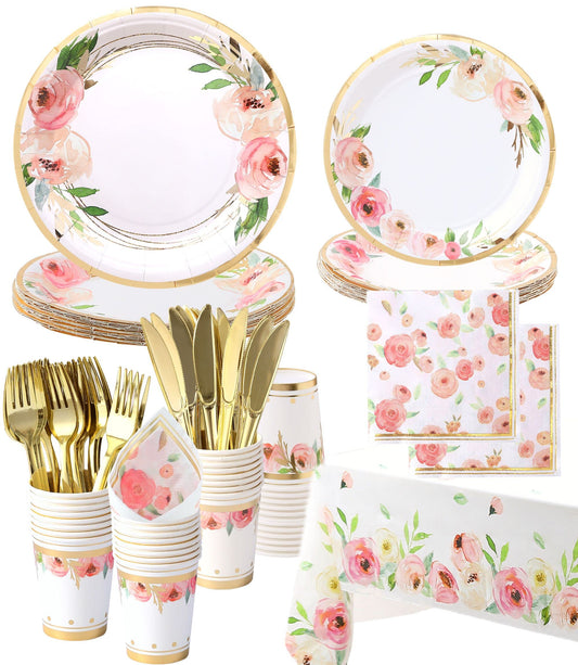 Luxury Floral Paper Plates and Napkins Party Supplies - Serves 16 - Pink and Gold Flower Decoration for Floral Baby Shower Bridal Shower Tea Party Birthday