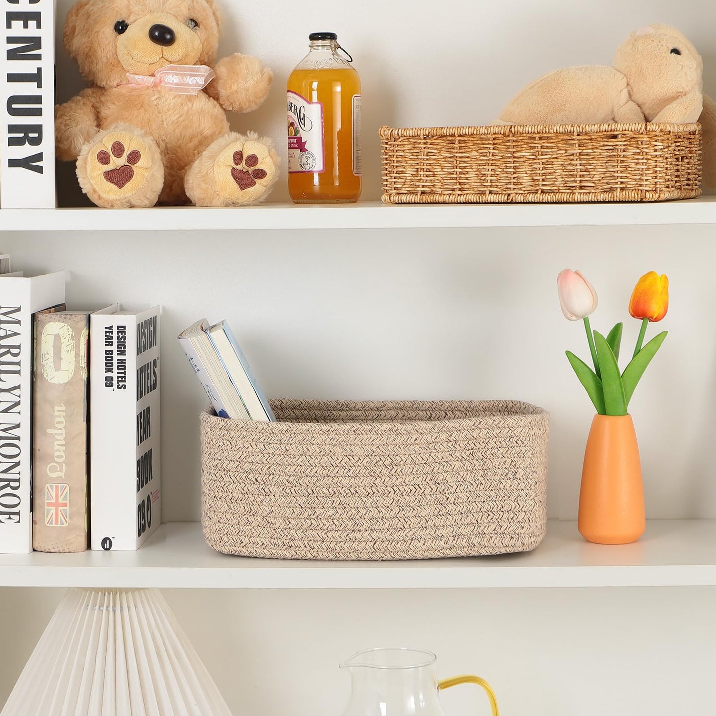 MiniArk Small Storage Baskets for Organizing | Closet Organizer Bins | Shelf Toy Basket | Woven Rope Baskets | Cube Decorative Box | Shallow Basket | L11.5xW7.5xH4.7| Brown