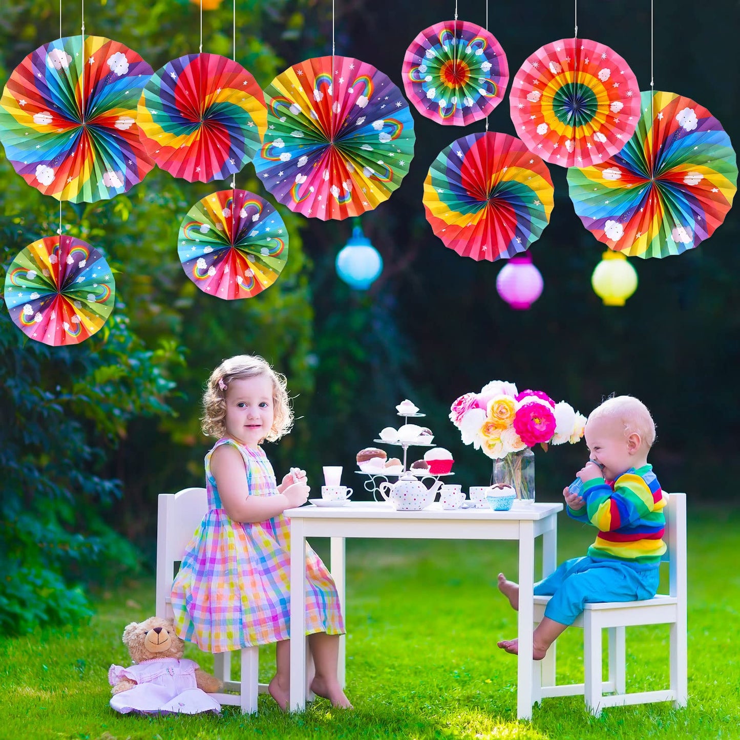 Outus 9 Pcs Rainbow Party Decorations Paper Fans Boho Classroom Bulletin Board Decor Ceiling Wall Hanging Paper Fans for Rainbow Birthday Baby Shower Party Supplies