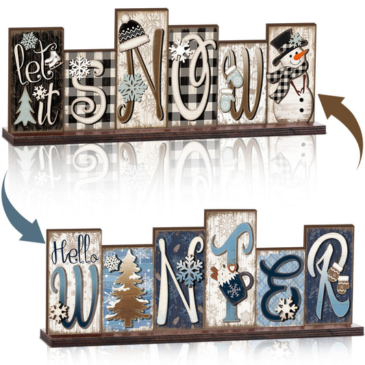Amyhill Winter Table Decoration Snowman Christmas Decor Reversible Winter Table Centerpiece Christmas Tiered Tray Decor Decorative Block Signs Farmhouse for Wonderland Party Home Kitchen Shelf