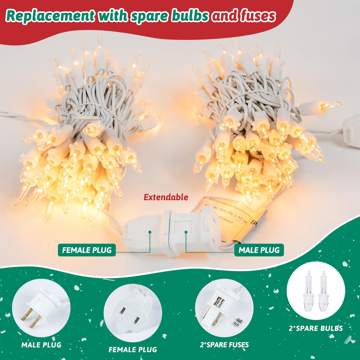 HEYFUNi Clear Christmas Lights Set,50 Count 13Feet Incandescent Bulb Mini String Lights for Christmas Tree Holiday Garland Party Weeding Xma Home Indoor&Outdoor Decorations,White Wire
