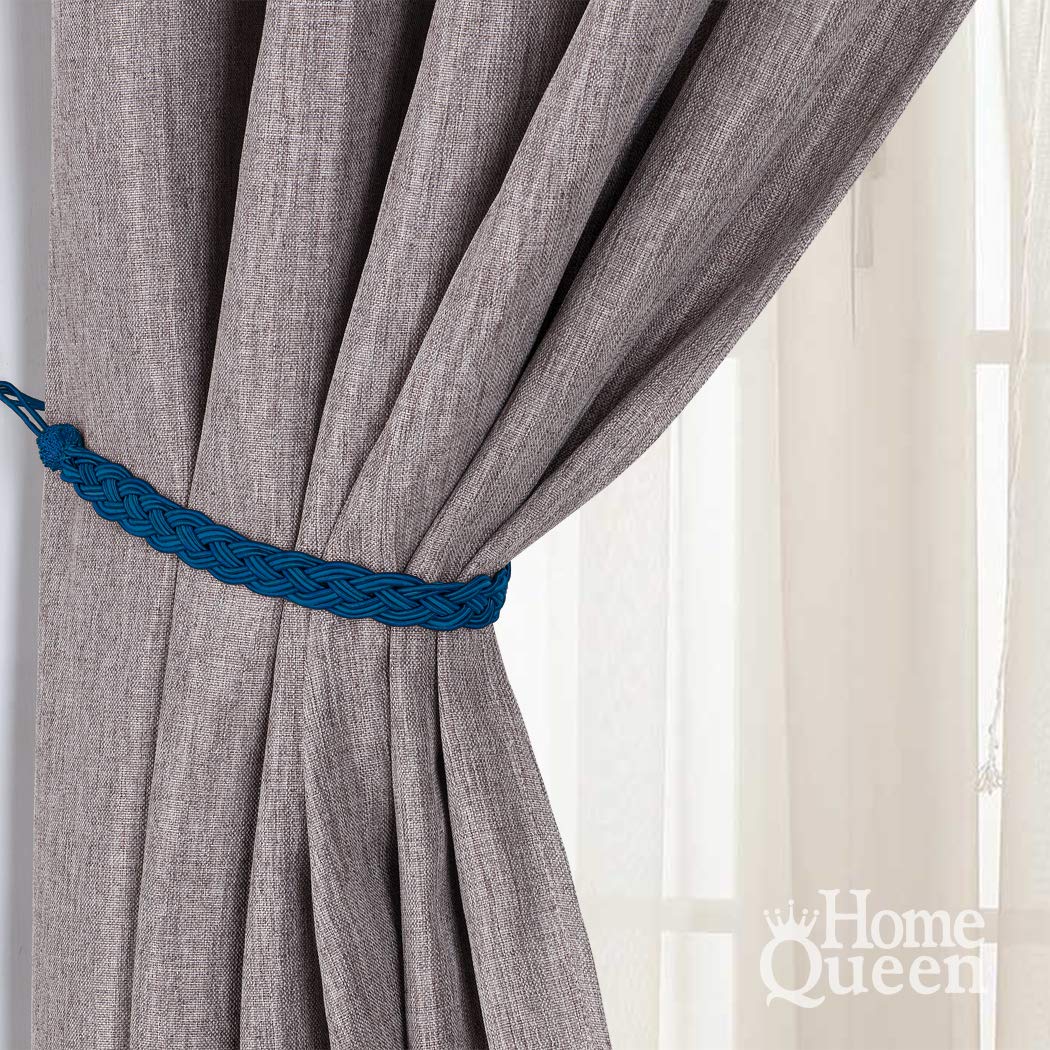 Home Queen Hand Braided Curtain Tie Back, Buckle Holdback Drapery Curtain Tiebacks, 2 Rope Belt Curtain Tie with 2 Metal Hooks, Navy