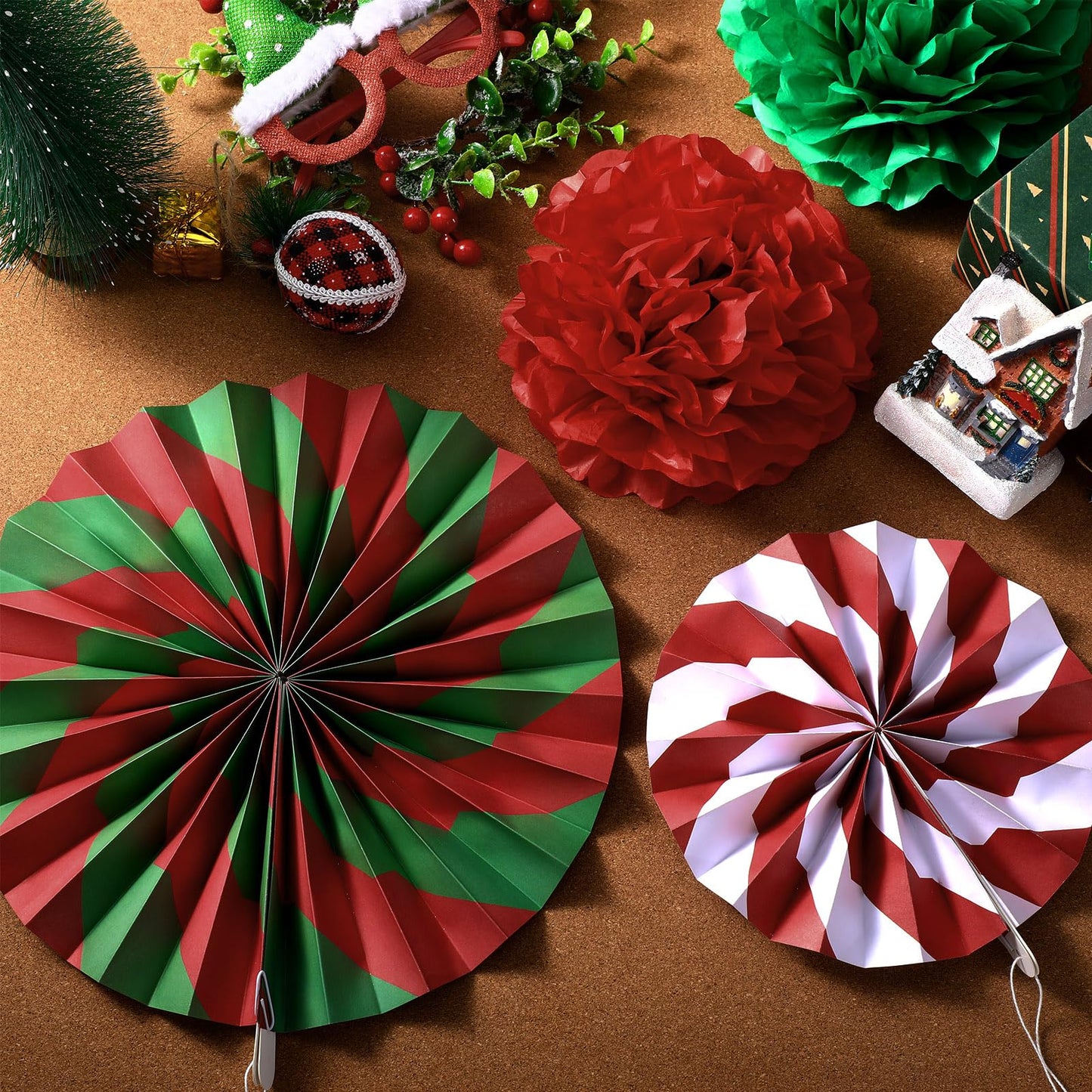 Outus 21 Pcs Christmas Candy Hanging Paper Fans Peppermint Christmas Banners Xmas Classroom Ceiling Decorations Tissue Poms Honeycomb Ball Ornaments for Birthday Wall Decor Supplies(Classic)