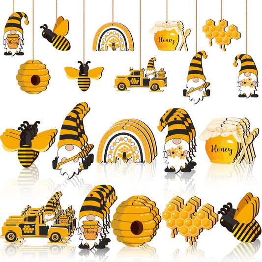 Karenhi 30 Pcs Bee Ornaments Bee Christmas Tree Decorations Spring Summer Wooden Hanging Ornament Honeybee Bumble Gnome with Rope for Small Trees Baby Shower Birthday Themed Party Favors Supplies