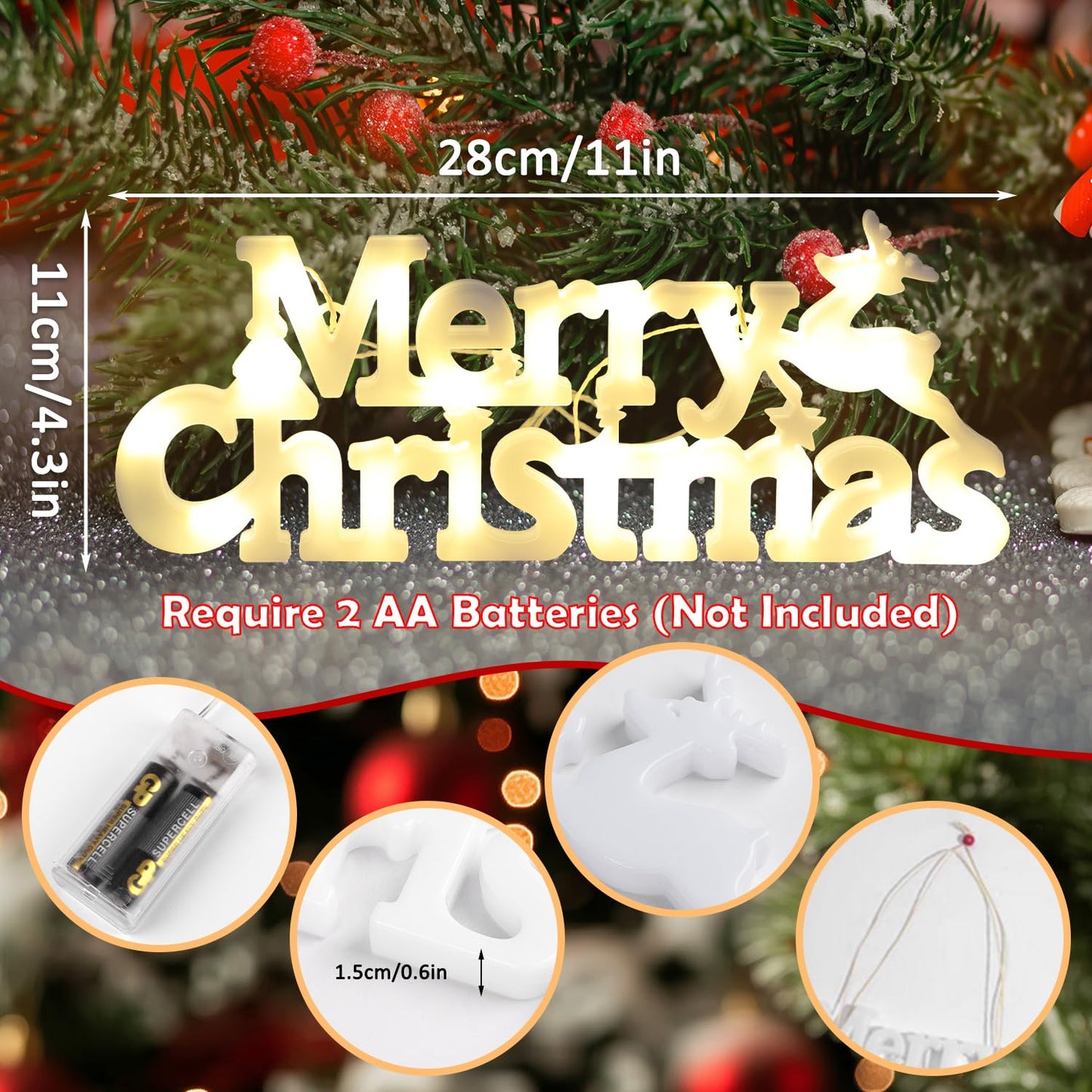 DERAYEE Merry Christmas Sign LED Hanging Ornament Light Christmas Glowing Letter Sign for Xmas Tree Wall Door Fireplace Indoor Outdoor