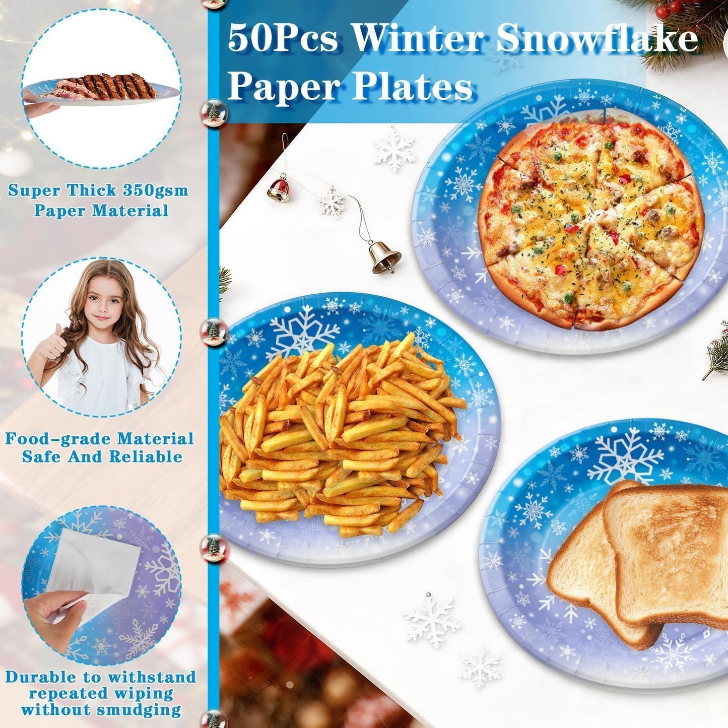 OuMuaMua 50Pcs Large Christmas Paper Plates, 12" Large Purple Blue Snowflake Dinner Plates Heavy Duty Disposable Dinnerware Set for Xmas Winter Wonderland Holiday Party Supplies Kitchen Table Decor