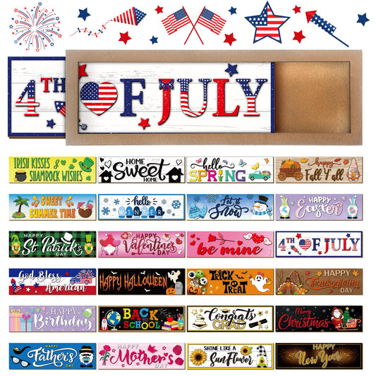 Barydat 25 Pcs Interchangeable Seasonal Decor Interchangeable Welcome Sign with a Wood Frame Seasonal Wooden Welcome Sign Holiday Table Decor for Independence Day Halloween Christmas Decoration