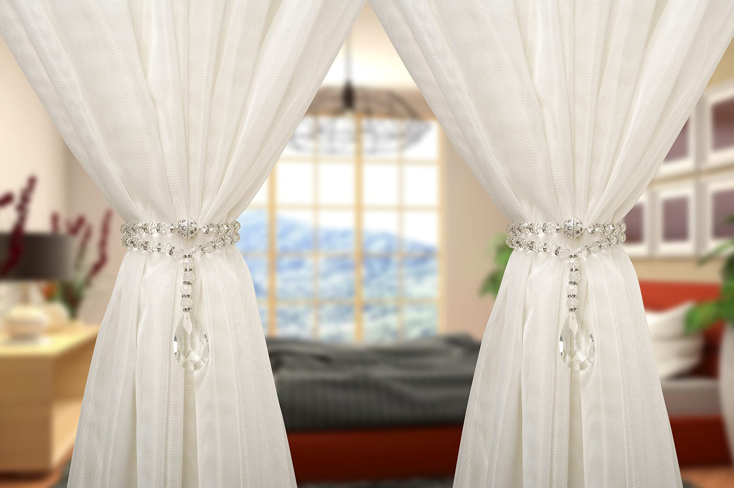 SUQ I OME 1 Pair of Luxury Crystal Beaded Magnetic Curtain Tieback and Holdback Curtain Clips Curtain Buckle Curtain Holder Blingbling Curtain Holdbacks for Drapes,Crystal