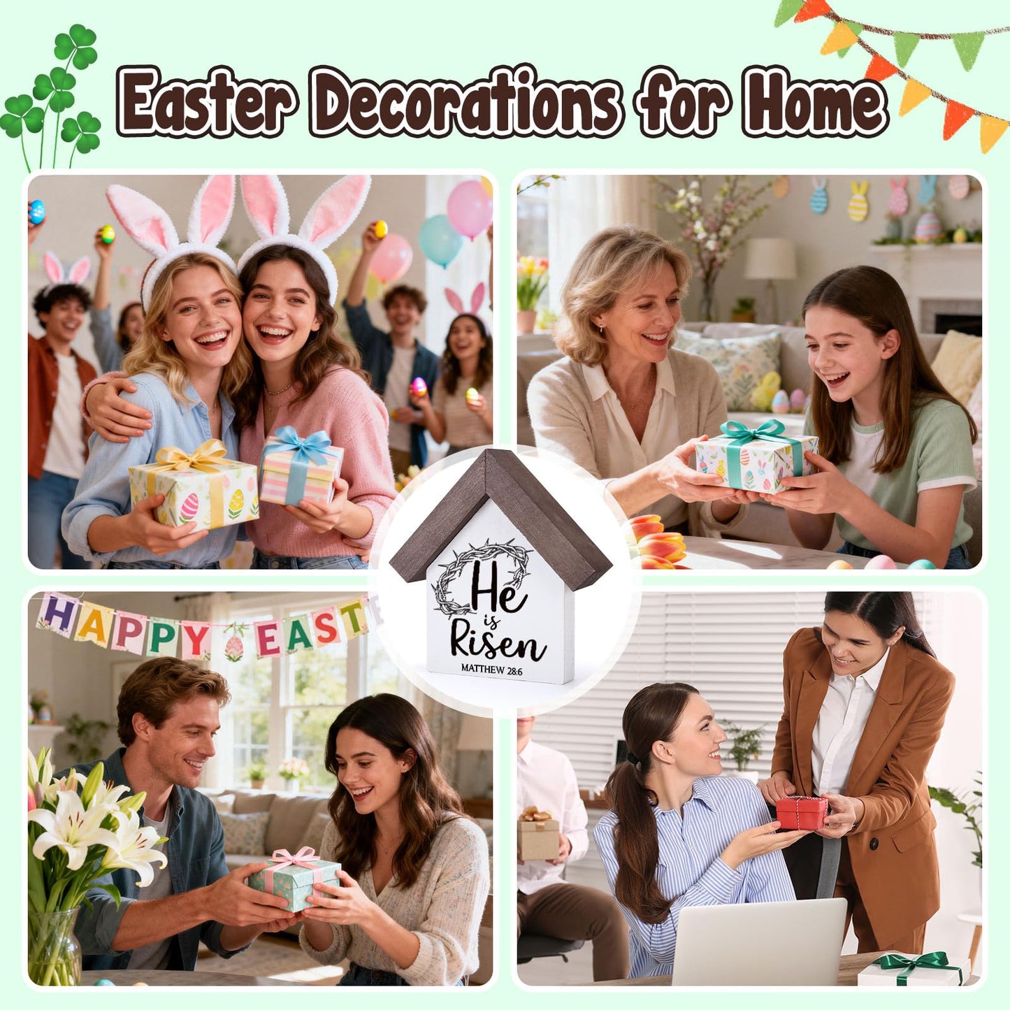 MBL Christian Easter Decor Decorations - Wood He Is Risen Sign Bible Verse Religious Easter Basket Stuffers Essentials Rustic Table Home Living Room Bedroom Shelf Tiered Tray for Women Men Teen Adults